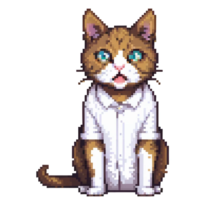 pixel art of a surprised cat in a white shirt with a brown stain sticker
