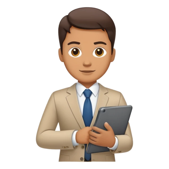 A flat-style illustration of a business executive confidently, holding a digital tablet or folder. The character wears smart business attire sticker