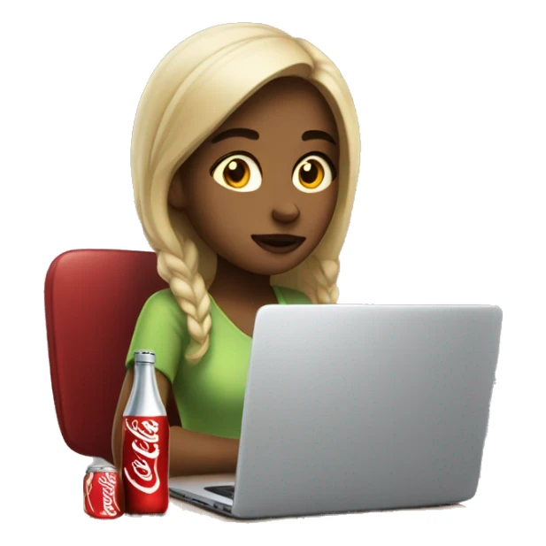 tired girl with laptop drinking coca-cola sticker