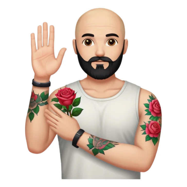 Bald man with black beard raising hand with colorful roses tattoo on forearm  sticker