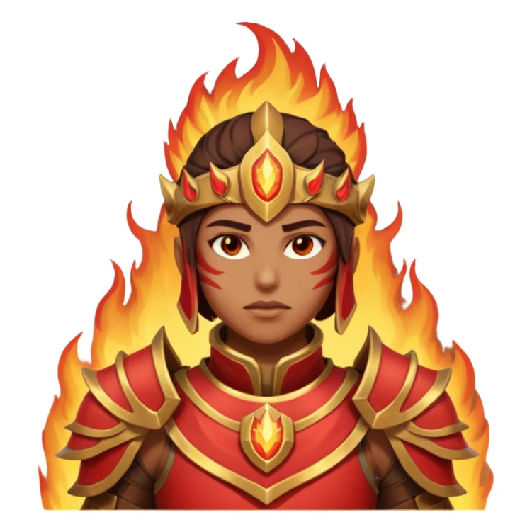desert fire warrior portrait, head and shoulders only, red-gold armor collar, glowing fire accents, powerful gaze, fantasy desert vibe, 3D cartoon, mobile game icon style, clean background, no text, no watermark
 sticker