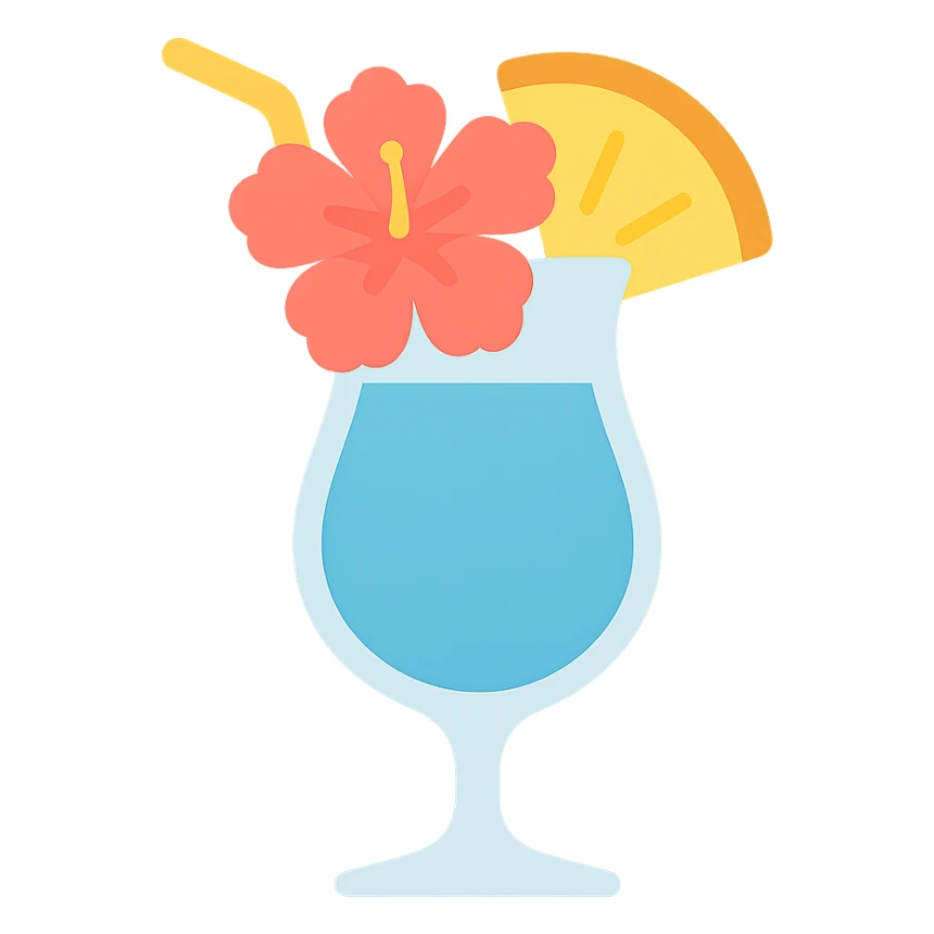 tropical fruity blue cocktail with hibiscus and pineapple garnish sticker