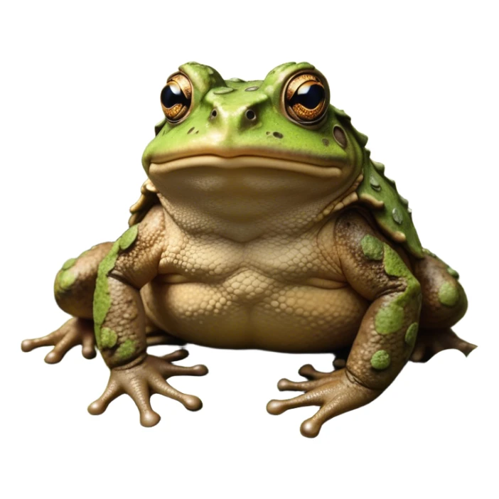 Cinematic Noble Toad Portrait Emoji, Poised and earthy, with a stout, robust build covered in textured, warty skin in warm, natural tones and deep, observant eyes, Simplified yet sharp and sophisticated features, highly detailed, glowing with a soft, natural mossy glow, high shine, intelligent and grounded, stylized with an air of rustic authority, focused and steady, soft glowing outline, capturing the essence of a watchful amphibian guardian that appears ready to leap out of the screen with effortless command! sticker