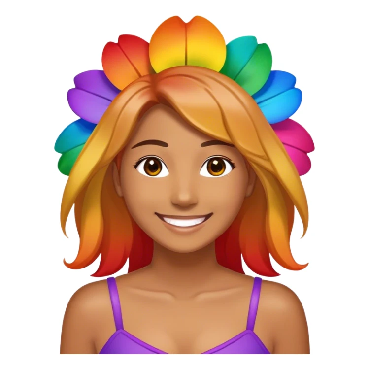 rainbow flower with 6 petals (top red) (right to red is orange) (next to orange is yellow) (next to yellow is green) (next to green is blue) (next to blue is purple) tan face and smile sticker