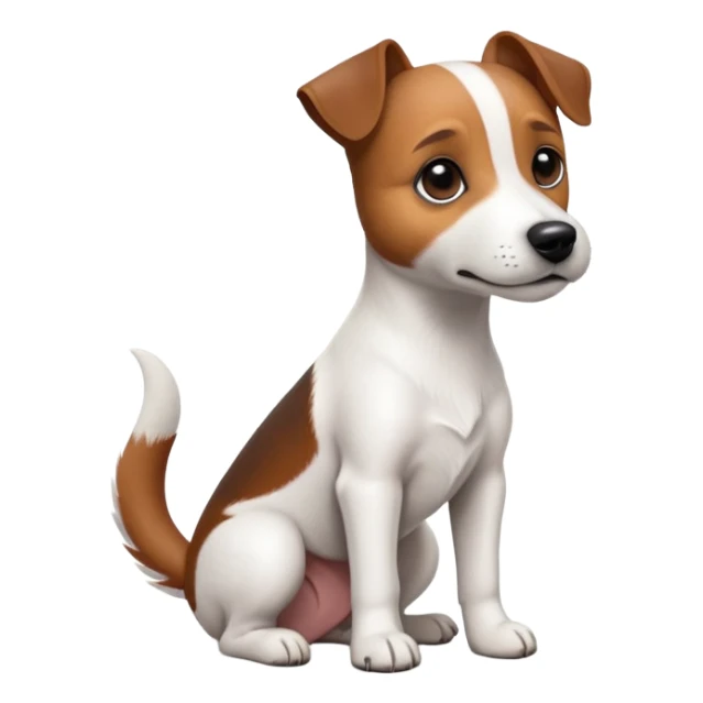 cinematic-[jack Russel terrier]-realistic-full-body-sitting-emoji,-tail-resting-loosely-beside-its-paws,-head-tilted-dramatically, -sleek-[brown and white]-fur,-simplified-yet-realistic-focused-features,-highly-detailed,-glowing-with-an-almost-sarcastic-glow sticker
