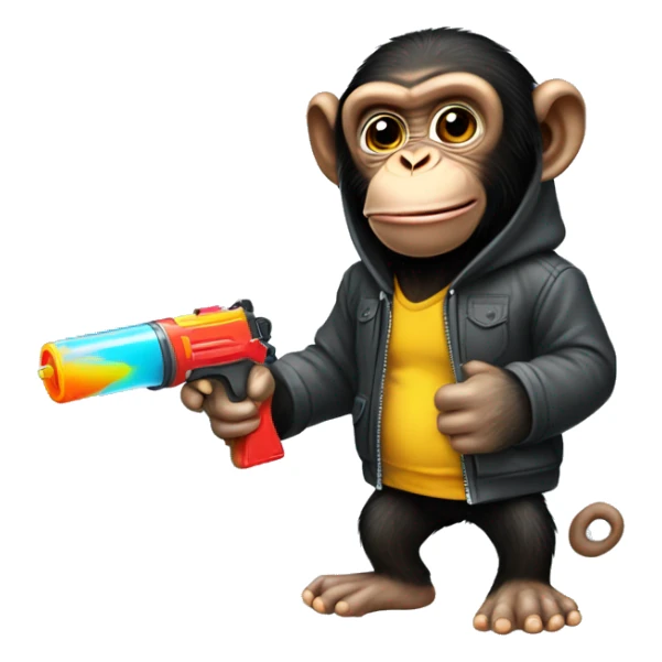 Chimpanzee in a hoodie with a squirt gun sticker