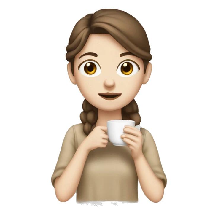 pale Girl with brown hair sipping tea, beige colors sticker