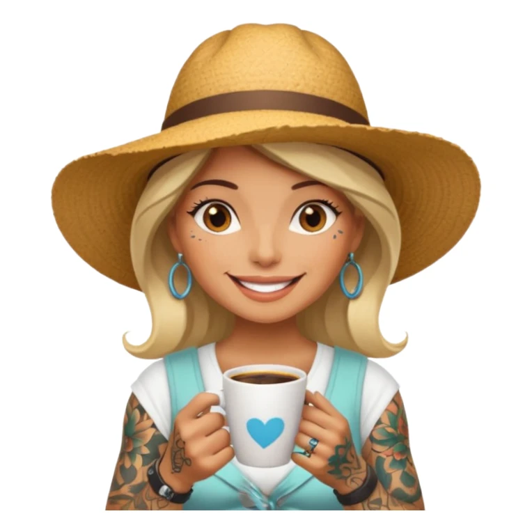 Tattooed lady in sunhat holding coffee cup sticker