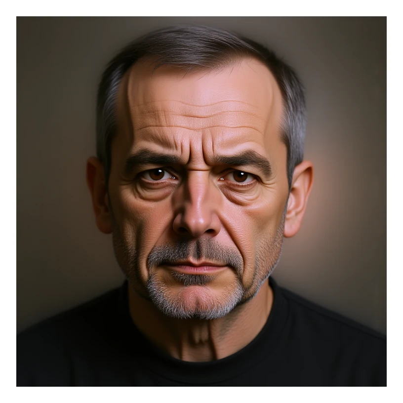 Make Carl from Sling Blade look more realistic with a photorealistic face, keep transparent background. sticker