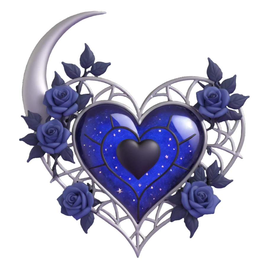 gothic heart, midnight blue glass, silver crescent moon, tiny black roses, shimmering stardust, silver spiderweb overlay sticker