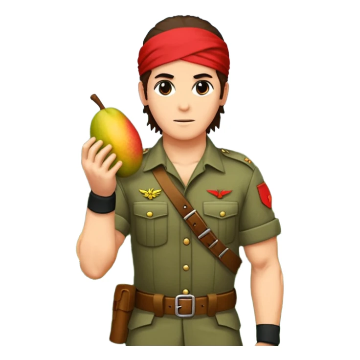quiero que crees la imange de un Mango con Brazos fuertes y piernas como las de un culturista, que lleve uniforme militar de selva y que tenga pelo largo y una bandana roja en la cabeza como la de rambo y tambien que este en posicion de ataque con una ametralladora pixelart sticker