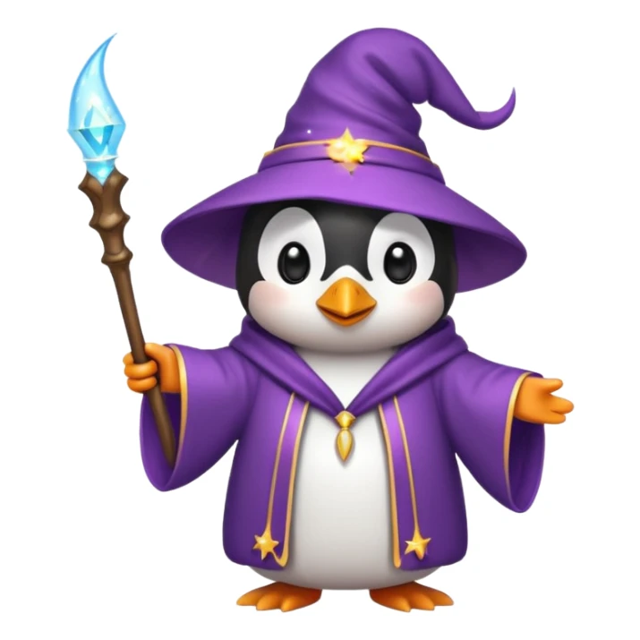 cute penguin wizard casting a spell, wearing a robe and holding a wand, magical sparkles around, emoji style sticker