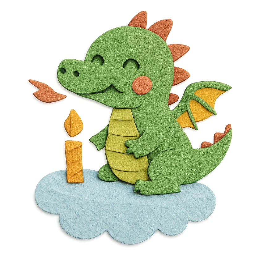 happy dragon blowing out 1 candle on cloud cake, paper-craft style sticker