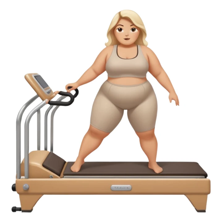 Plus size girl on a Reformer Pilates. The machine is white and beige  sticker