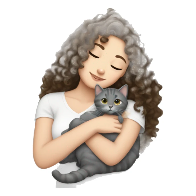 White Girl curly brunette hair cuddling with grey cat sticker