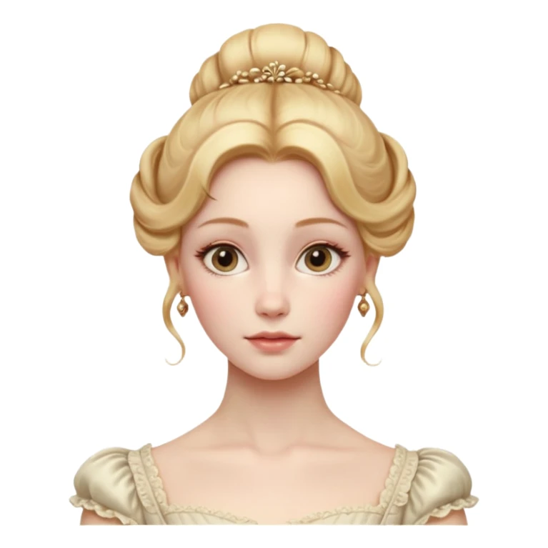 Cinematic Realistic Rococo Portrait, depicted with lifelike skin texture, subtle rosy undertones, and soft natural lighting that enhances the gentle contours of her face. Her intricately detailed golden blonde hair is elegantly styled in an updo, sticker
