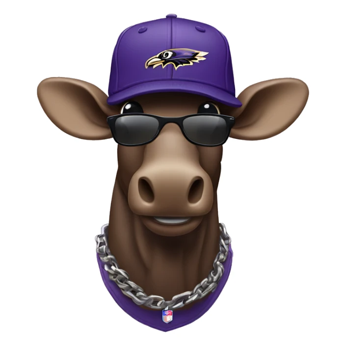 Moose wearing a backwards flatbill hat, a chain, sunglasses, and a Baltimore ravens jersey sticker