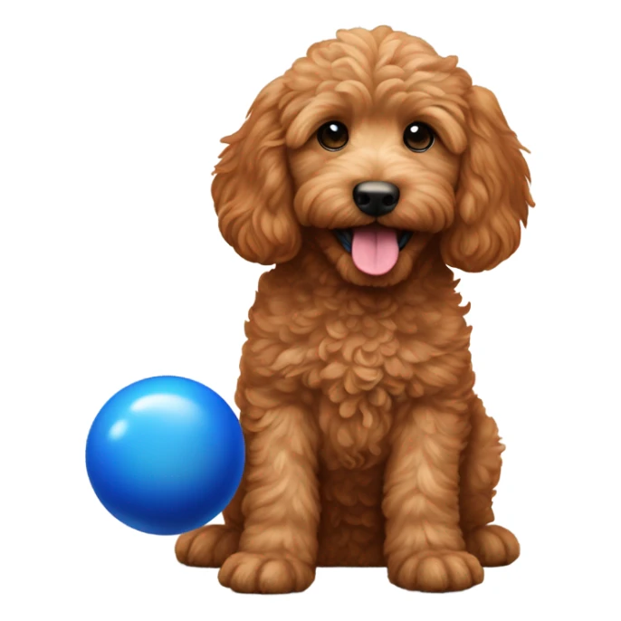 Red mini Goldendoodle with blue ball in mouth and paw raised sticker