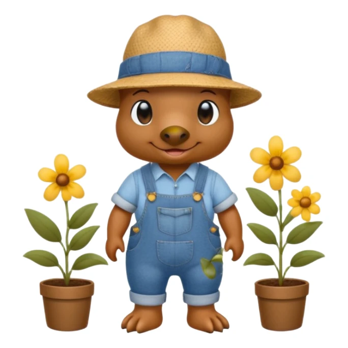 platypus wearing a gardening hat and denim overalls with flowers sticker