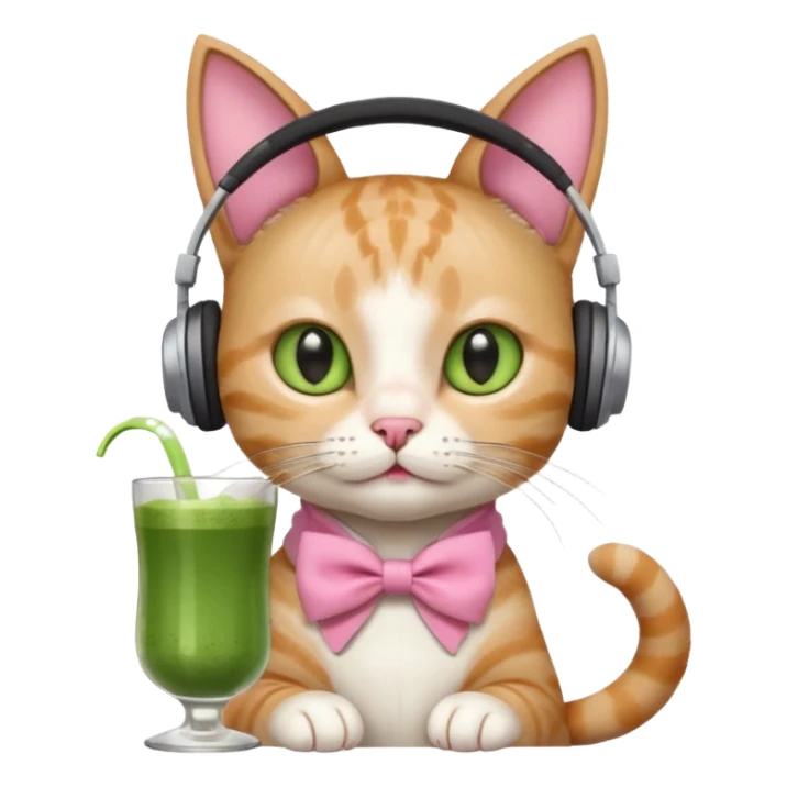 A cat wearing headphones with a glass of matcha, a pink bow on his ear sticker