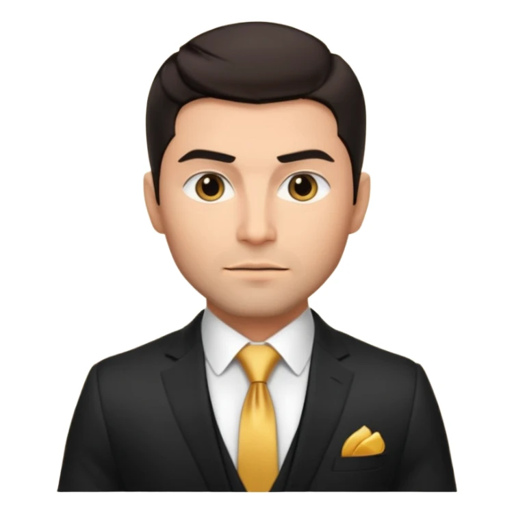 male memoji, dark hair, light stubble, strong jawline, luxury black suit and tie, gold watch, intense stare, charismatic billionaire aura sticker