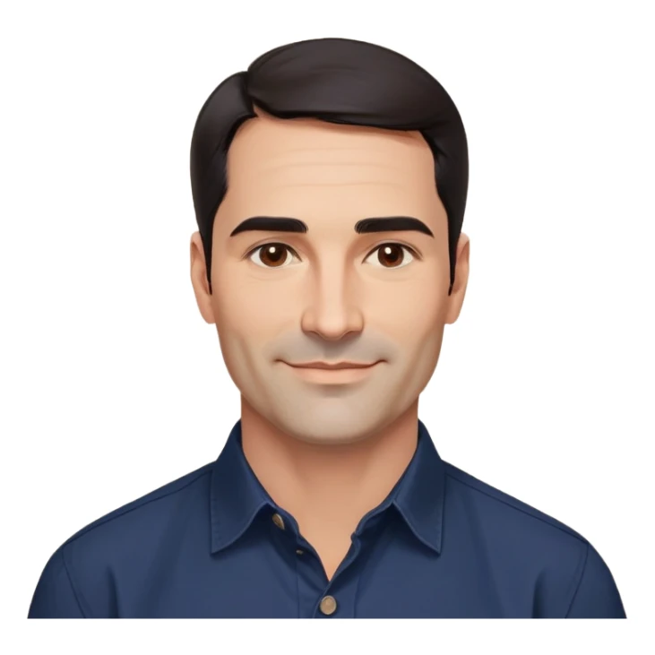 Man in his 40s with wide square face, marked jawline, full cheeks, friendly expression, medium dark brown eyes, thick natural eyebrows, straight wide nose, medium lips curved slightly upward in a relaxed smile, short neat dark brown almost black hair, wearing a navy blue button-up shirt sticker