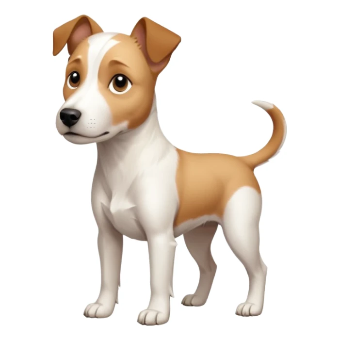 a full body facing front on of a buff white parson russell terrier looking dog the size of a kelpie with light brown long ears resting on its face and a light brown patch above one eye and a large snout. the rest of the dog is completely white.  sticker
