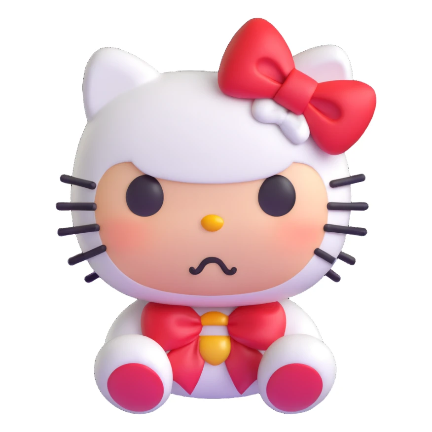 angry hello kitty, 3D emoji style, red bow, puffed cheeks, scowling sticker