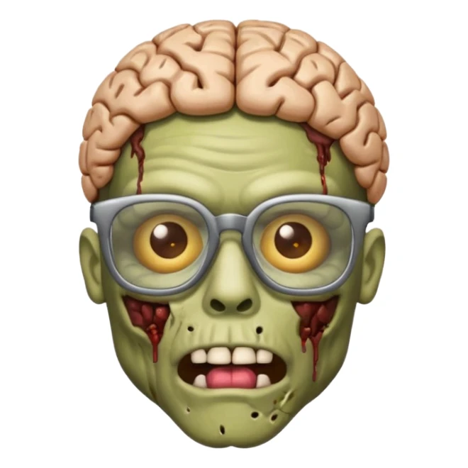 iPhone zombie emoji with a decayed brain, glasses, and a t shirt that says « braindead » sticker