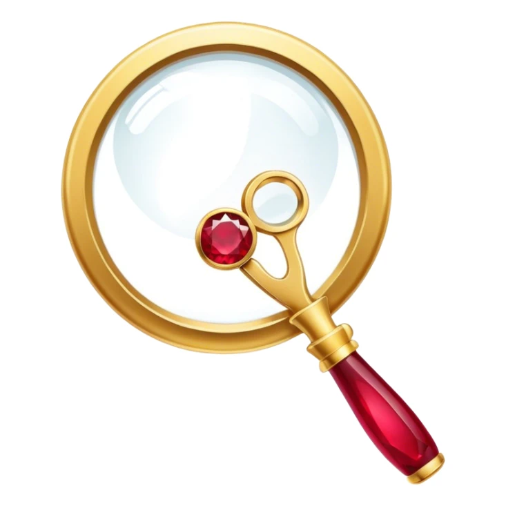 Jewelry art icon, golden ring with a ruby viewed through a magnifying glass, visible pliers beside it, minimalistic style, clean lines, transparent background. sticker