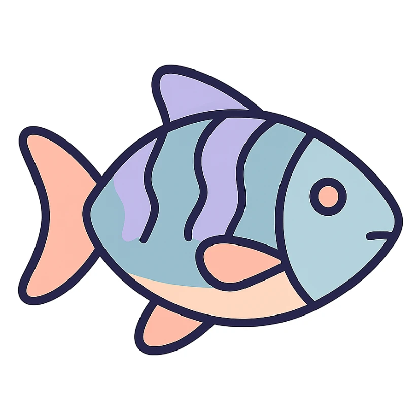 ordinary fish, icon-color-outlined style, thin clean contours, soft rounded shapes, pastel palette #98B5BC, #B5B3C1, #C9A3C9, #E4C0CA, #F7DCD1, #F7C0AA, detailed shadows and highlights, soft lighting, transparent background, minimalism, not cute, no decoration, no eastern elements sticker