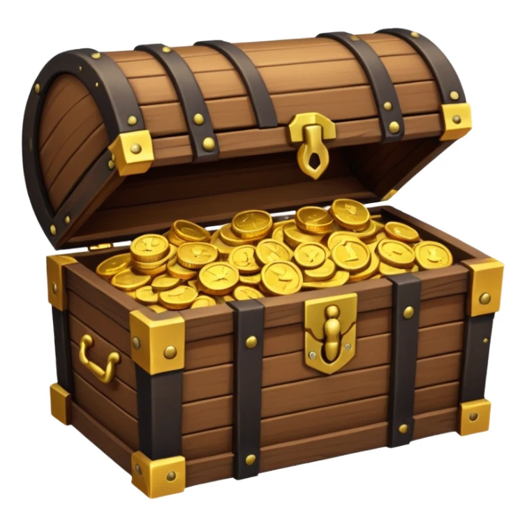 pirate treasure chest object icon, wooden chest with gold details, slightly open with coins, 3D cartoon, mobile game icon style, centered, clean background, no text, no watermark
 sticker