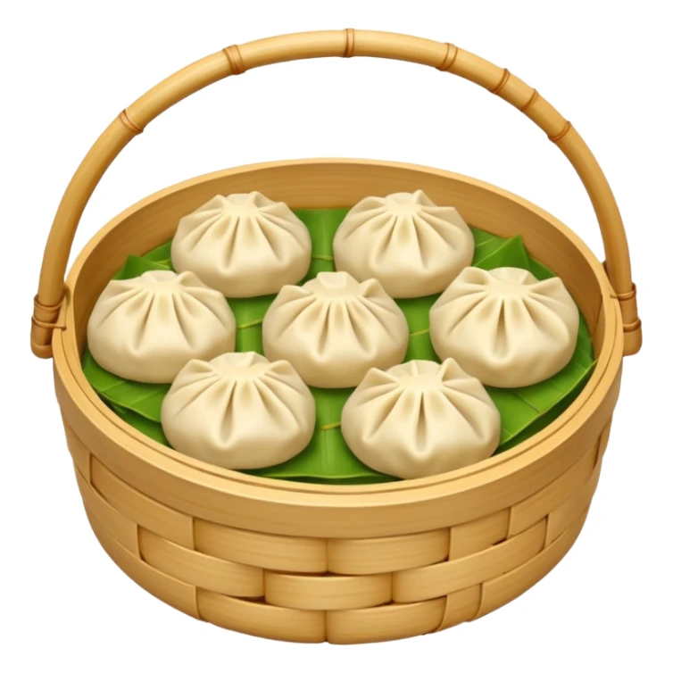 ["Four steamed dumplings in a bamboo steamer basket."] sticker