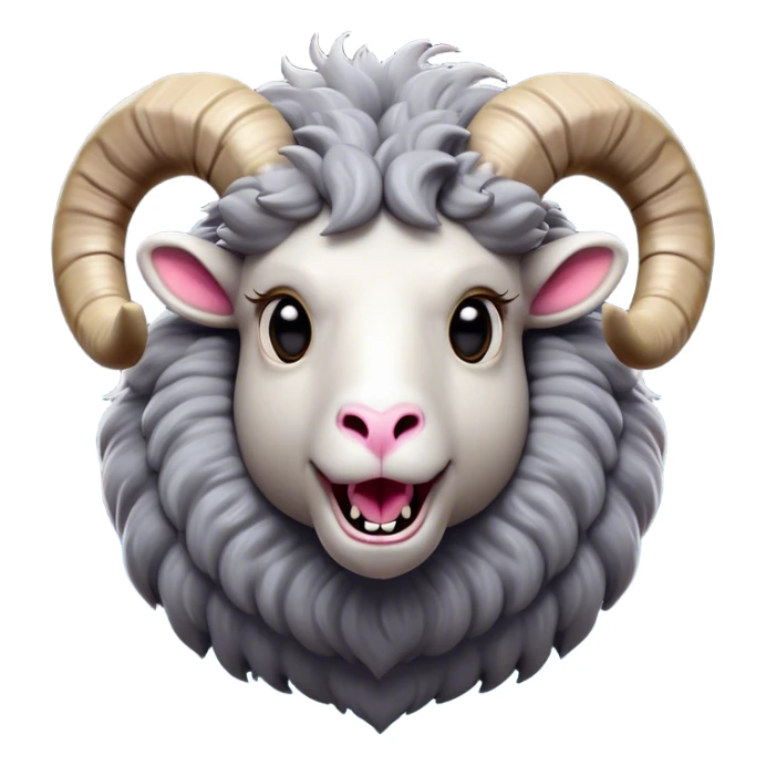 Cinematic Comical Ram Portrait Emoji, Head tilted dramatically with an exaggeratedly amused expression, featuring a striking woolly grey fur with impressively curled horns, wide, expressive dark eyes filled with playful disbelief, Simplified yet hilariously expressive features, highly detailed, glowing with a slightly sassy glow, high shine, dramatic yet playful, stylized with an air of cheeky mischief, bright and endearing, soft glowing outline, capturing the essence of a spirited and over-the-top ram, so meme-worthy it feels like it could butt its way into internet fame instantly! sticker