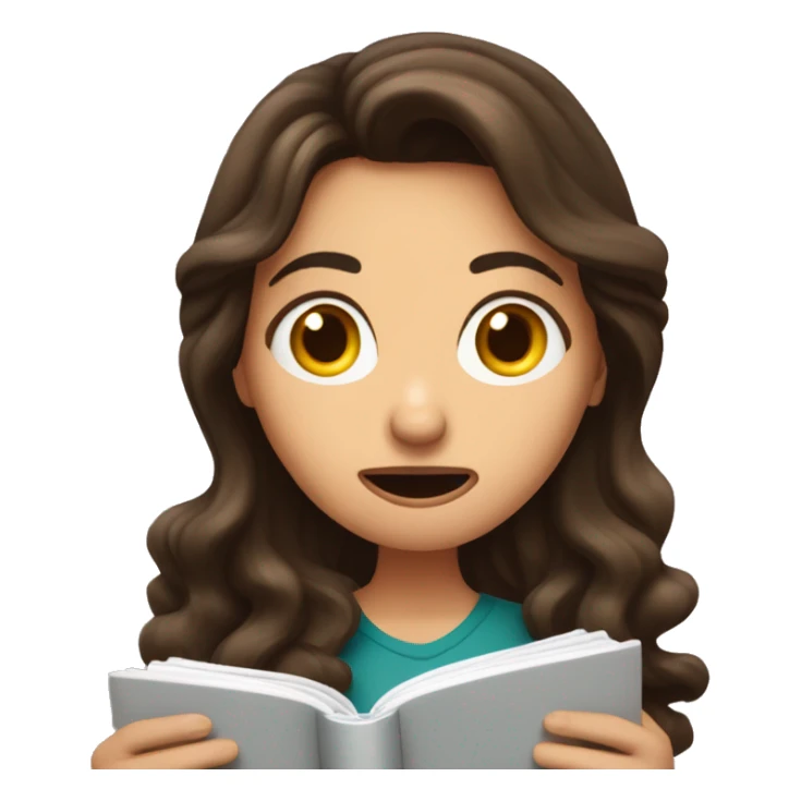 brunette long wavy hair woman shocked face while holding and reading book sticker