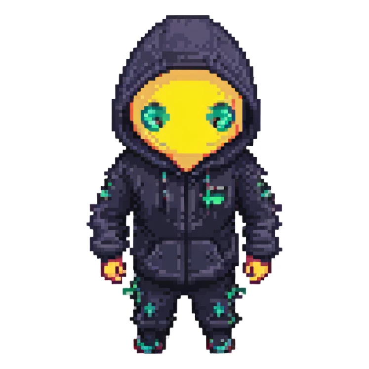 Pixelated hacker figure with hoodie and glowing eyes sticker