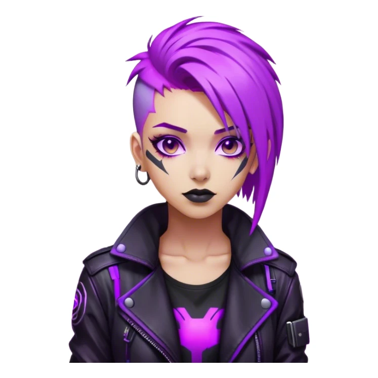 A cyberpunk hacker with neon purple hair, black leather jacket, and glowing screens. sticker