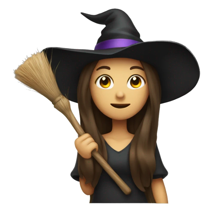 Witch with long brunette hair hat and and broom sticker
