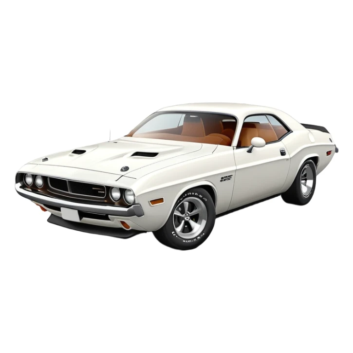 Elegant white 1971 Dodge Challenger muscle car, precise 30-degree perspective view, showing detailed front fascia and profile, clean lines, completely white exterior, iOS emoji style sticker