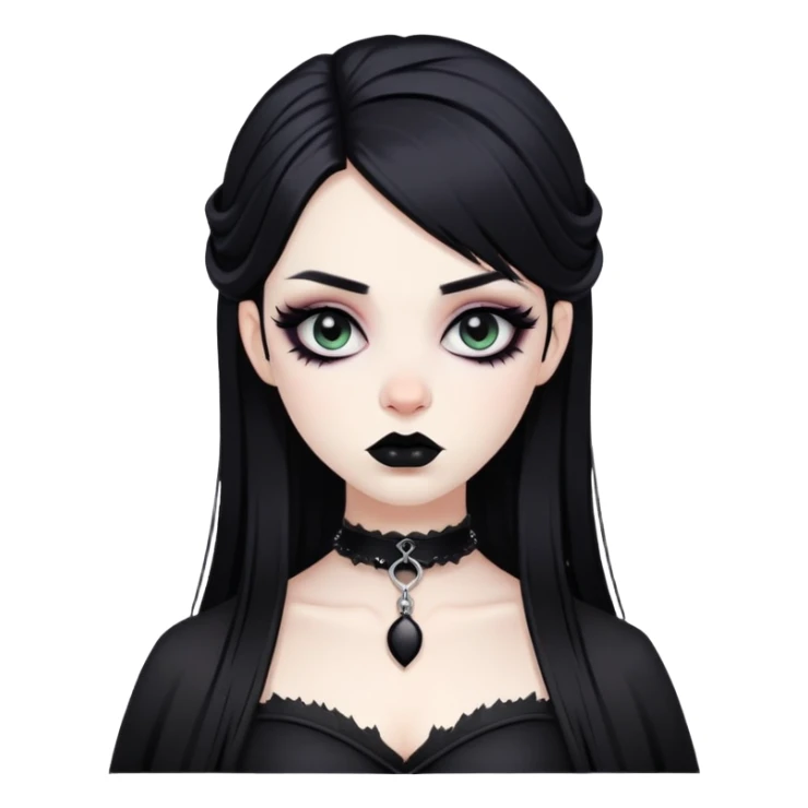 black goth with pale skin, dark makeup, black hair sticker