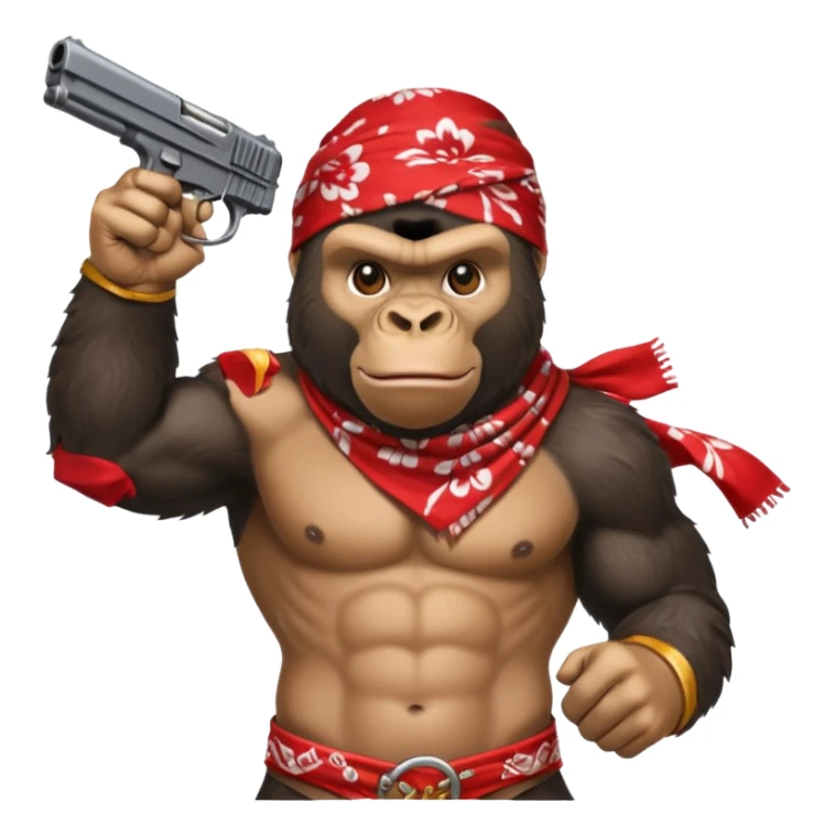 A gorilla holding a gun in the air with a bandana  sticker