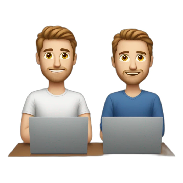 two white guys with brown hair usin their laptops sticker