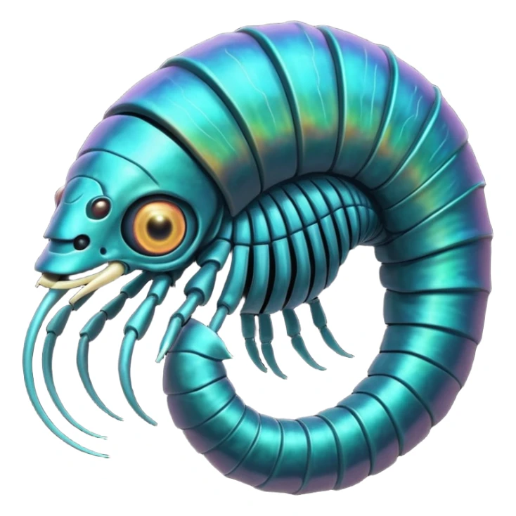 An iridescent, chitinous trilobite with glowing cyan eyes pulses rhythmically as a miniature black hole orbits its brow, distorting space-time. Its fractal-patterned exoskeleton shifts colors unsettlingly, and its mouth opens into a spiraling void that hums with forgotten whispers. sticker