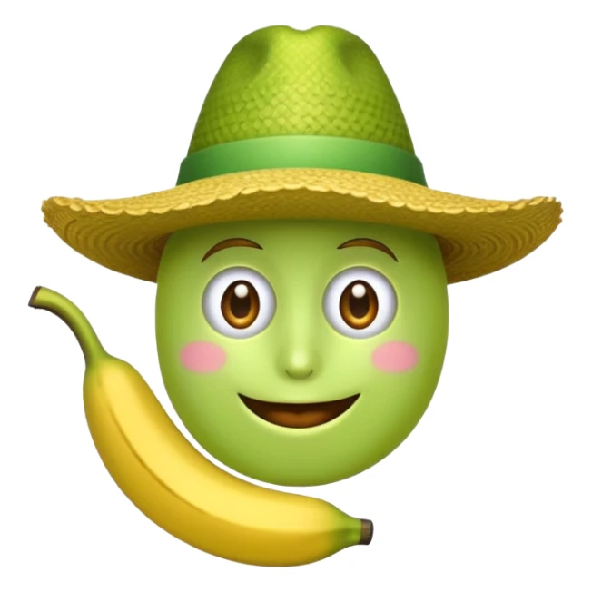 crea un emoji de un platano verde con sombrero.  sticker