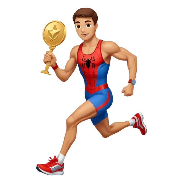 spiderman picking running a marathon with gold medal sticker