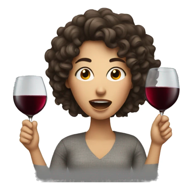 White Woman with curly dark brown hair drinking wine shouting sticker