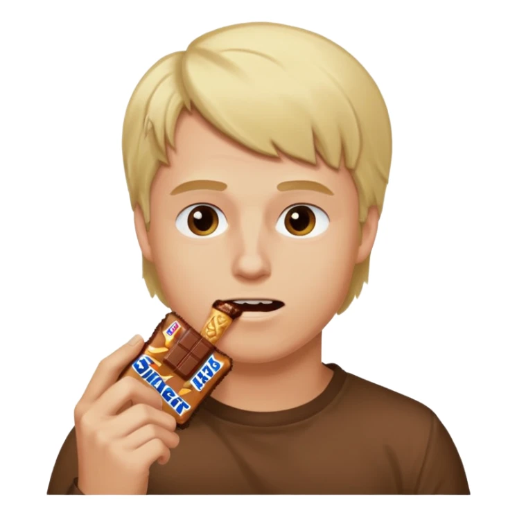 men with blond hairs eat a snickers sticker