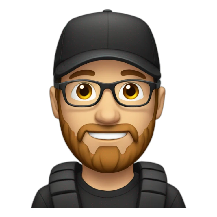 White male with headphones, clear glasses, black cap and brown beard sticker