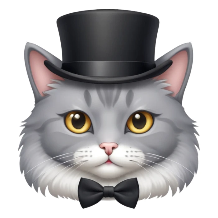 A gray cat with a top hat and bow tie sticker