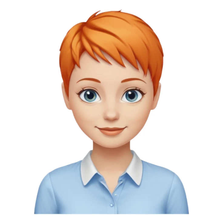 27 year old white woman, orange hair, pixie cut, blue eyes,  wearing a white blouse sticker